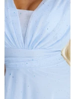 654-3 Dlouhé třpytivé plus size šaty s výstřihem a průhlednými rukávy - modré