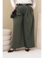 Dámské kalhoty Plus Size viskózové s širokou nohavicí a páskem khaki