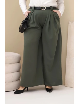 Dámské kalhoty Plus Size viskózové s širokou nohavicí a páskem khaki