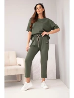 Dámská souprava viskózová máslová s krátkým rukávem a kalhotami s ohrnutým nohavicí khaki