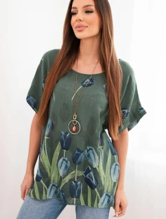 Dámská bavlněná košile s květinovým vzorem tmavé khaki