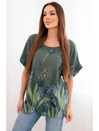 Dámská bavlněná košile s květinovým vzorem tmavé khaki