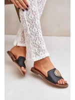 Kožené Pantofle S Dekorací Na Plochém Podpatku Zazoo 3047/O Černé