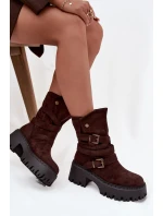 Dámské kotníkové boty na robustním podpatku s přezkami a páskem čokoládové Nerelisa