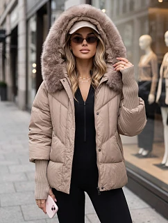 Dámská zimní prošívaná bunda s kožešinou, béžová, FashionStreet TY5740