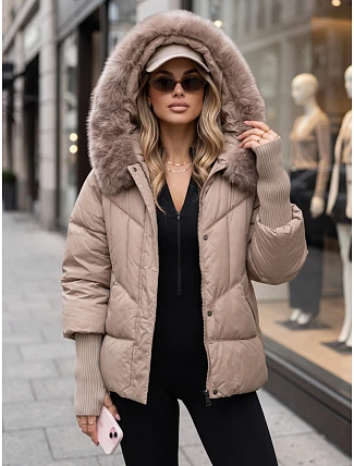 Dámská zimní prošívaná bunda s kožešinou, béžová, FashionStreet TY5740 Dámská zimní prošívaná bunda s kožešinou, béžová, FashionStreet TY5740