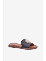 Kožené Pantofle S Dekorací Na Plochém Podpatku Zazoo 3047/O Černé