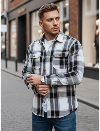 Pánská černobílá kostkovaná flanelová košile FashionStreet DX2673 Pánská černobílá kostkovaná flanelová košile FashionStreet DX2673