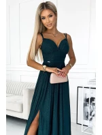 460-1 JOVITE brokátové dlouhé šaty bez ramínek s rozparkem na nohou - BOTTLE GREEN 460-1 JOVITE brokátové dlouhé šaty bez ramínek s rozparkem na nohou - BOTTLE GREEN