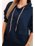 Komplet dámský máslový mikina s kapucí a kalhoty s páskem modrý