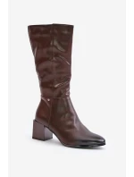 Zateplené kozačky na podpatku z eko kůže do poloviny lýtek hnědé Ellithira