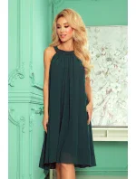 ALIZEE - Dámské šifonové šaty v lahvově zelené barvě s vázáním 350-4