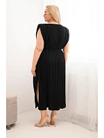 Dámské plus size viskózové plisované šaty s vázáním černá