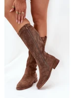 Kozačky S Ažurovým Svrškem Na Plochém Podpatku Hnědé S.Barski HY51-860