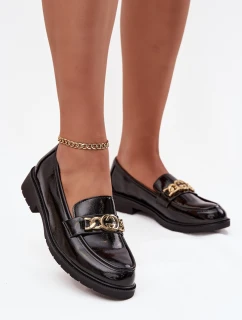 Lakované dámské mokasíny se zlatým ozdobným S Bar ski HY52 539 černé