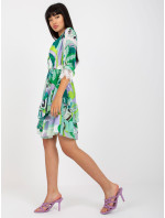 Zelenofialové zavinovací šaty s volánky a potisky