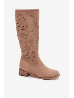 Ažurové dámské kozačky na klínu Khaki Helinna Ažurové dámské kozačky na klínu Khaki Helinna
