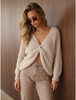 Dámský oversize svetr s nařaseným předním dílem, béžový, FashionStreet MY2647 Dámský oversize svetr s nařaseným předním dílem, béžový, FashionStreet MY2647