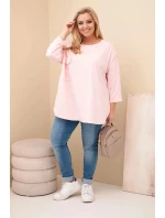 Dámská blůza Plus Size s bavlnou, kapsou a ohrnutým rukávem pudrově růžová Dámská blůza Plus Size s bavlnou, kapsou a ohrnutým rukávem pudrově růžová
