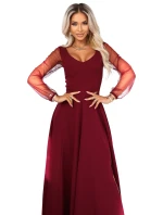 640-1 LORETTA jedinečné dlouhé šaty s tylovými rukávy a výstřihem - vínové 640-1 LORETTA jedinečné dlouhé šaty s tylovými rukávy a výstřihem - vínové
