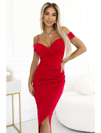 564-10 CALLIE Midi šaty s odhalenými rameny a výstřihem - ČERVENÉ