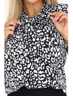 140-28 Služební halenka s dlouhým rukávem a zavazováním vpředu - černobílý vzor