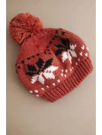 Dámská zimní čepice z vlny s motivem sněhových vloček a pomponem K457 ruda