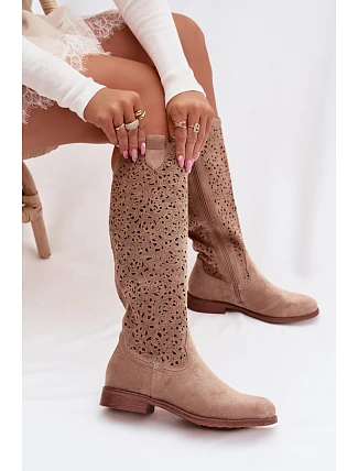 Dámské perforované kozačky na nízkém podpatku HY61-8023 Béžová - S.Barski