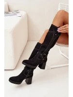 Zateplené Dámské Kozačky Na Podpatku S Prošíváním Černé Alessara