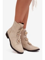 Zateplené dámské kotníkové boty na nízkém podpatku s ozdobnými květinami zlaté Pravienne