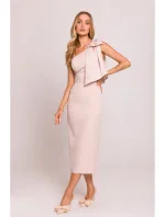 M847 Šaty na jedno rameno s mašlí - světle béžové