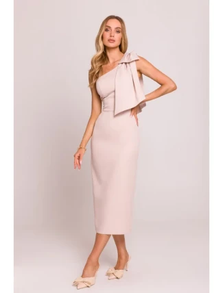 M847 Šaty na jedno rameno s mašlí - světle béžové