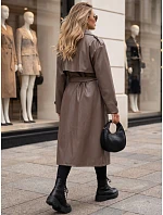 Dlouhý dámský dvouřadý kabát s páskem v barvě taupe, FashionStreet NY0779