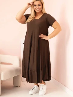 Dámské šaty plus size s krátkým rukávem a volánem z lehké viskózy hnědá