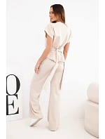 Dámský měkký komplet s halenkou s krátkým rukávem a kalhotami se širokou nohavicí béžový Dámský měkký komplet s halenkou s krátkým rukávem a kalhotami se širokou nohavicí béžový