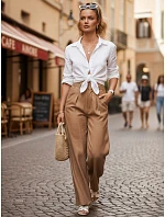 Dámské lněné kalhoty s širokými nohavicemi camel FashionStreet UY3077
