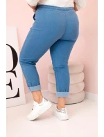 Dámské bavlněné kalhoty Plus Size s elastickým pasem a zavazováním světlý denim