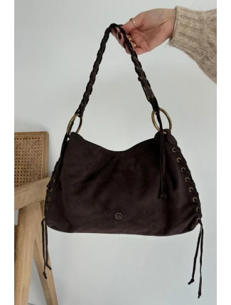 Dámská kožená semišová kabelka s ozdobným šněrováním Janelis – čokoládová