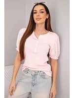 Dámská bavlněná žebrovaná halenka s nadýchaným rukávem a knoflíčky cukrově růžová