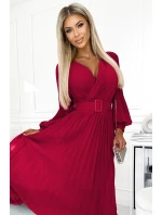 414-9 KLARA plisované šaty s páskem a výstřihem - bordó