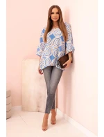 Dámská bavlněná blůza s etnickými vzory a ohrnutým rukávem tyrkysová