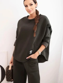 Dámský komplet teplákový z silnějšího materiálu se širokými nohavicemi khaki