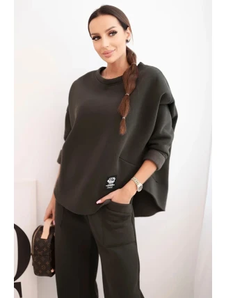 Dámský komplet teplákový z silnějšího materiálu se širokými nohavicemi khaki