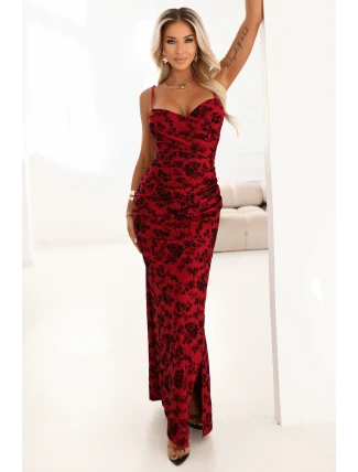 645-2 Přiléhavé maxi šaty s obálkovým výstřihem a rozparkem - vínové s elegantním vzorem 645-2 Přiléhavé maxi šaty s obálkovým výstřihem a rozparkem - vínové s elegantním vzorem