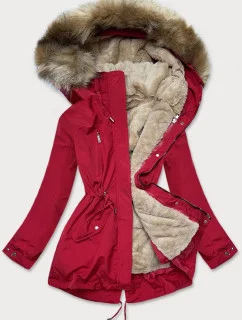 Červeno-tmavě béžová dámská zimní bunda s mechovitou kožešinovou podšívkou (w553)