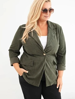 Dámské sako Plus Size manšestrové s klopami a kapsami khaki