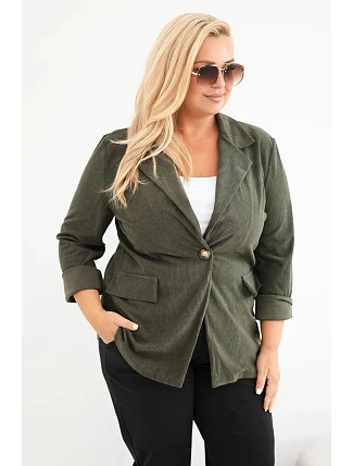 Dámské sako Plus Size manšestrové s klopami a kapsami khaki Dámské sako Plus Size manšestrové s klopami a kapsami khaki