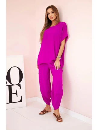 Komplet z viskózy halenka + kalhoty tmavě fialová