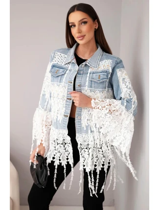 Dámská džínová bunda bavlněná s krajkou a třásněmi jasně džínová