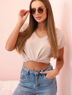 Dámská bavlněná blůza s výstřihem do V a krátkým rukávem béžová